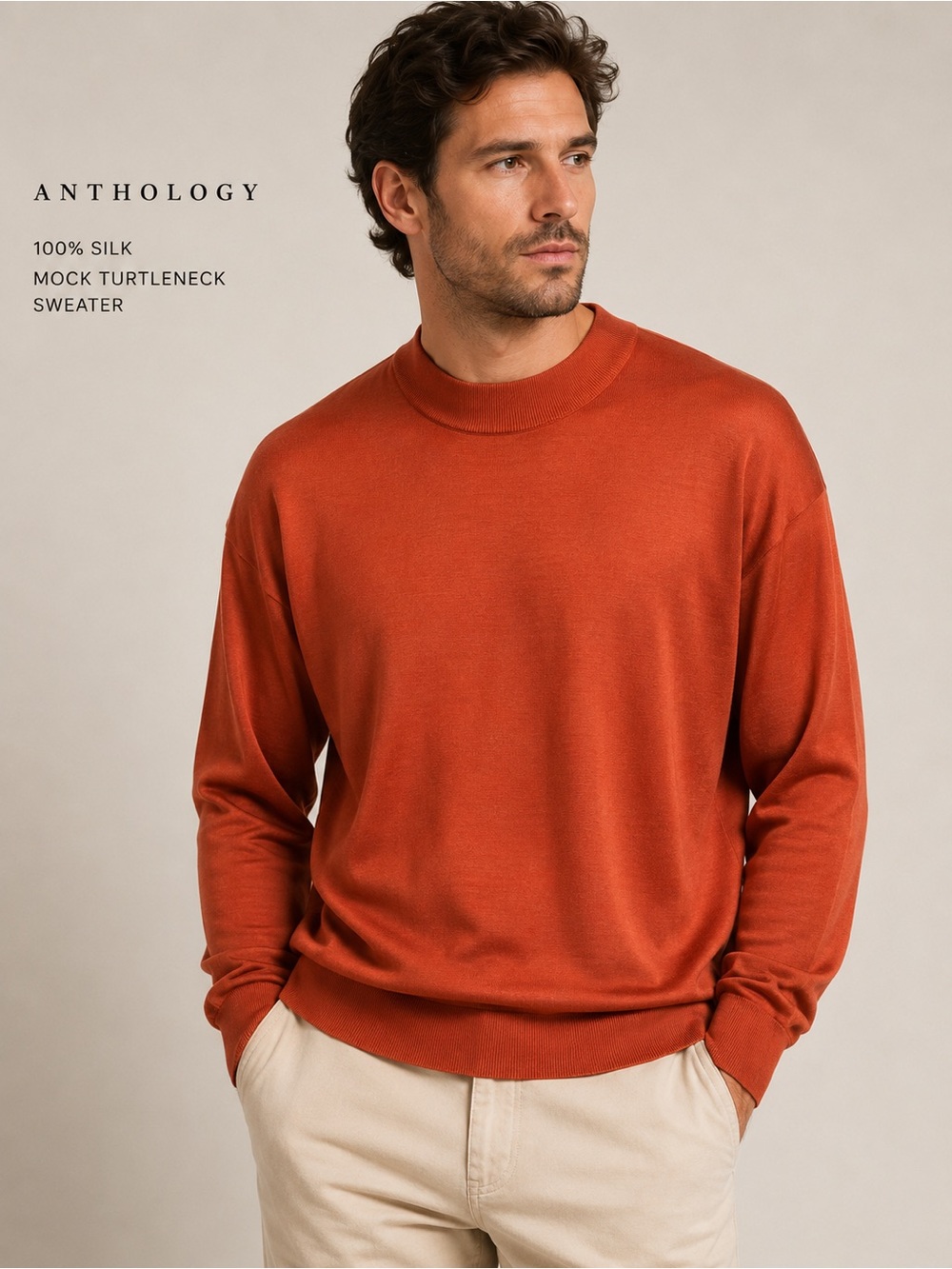 NWT Anthology Men's tangerine 100% Silk mock Turtleneck sweater XL luxury
